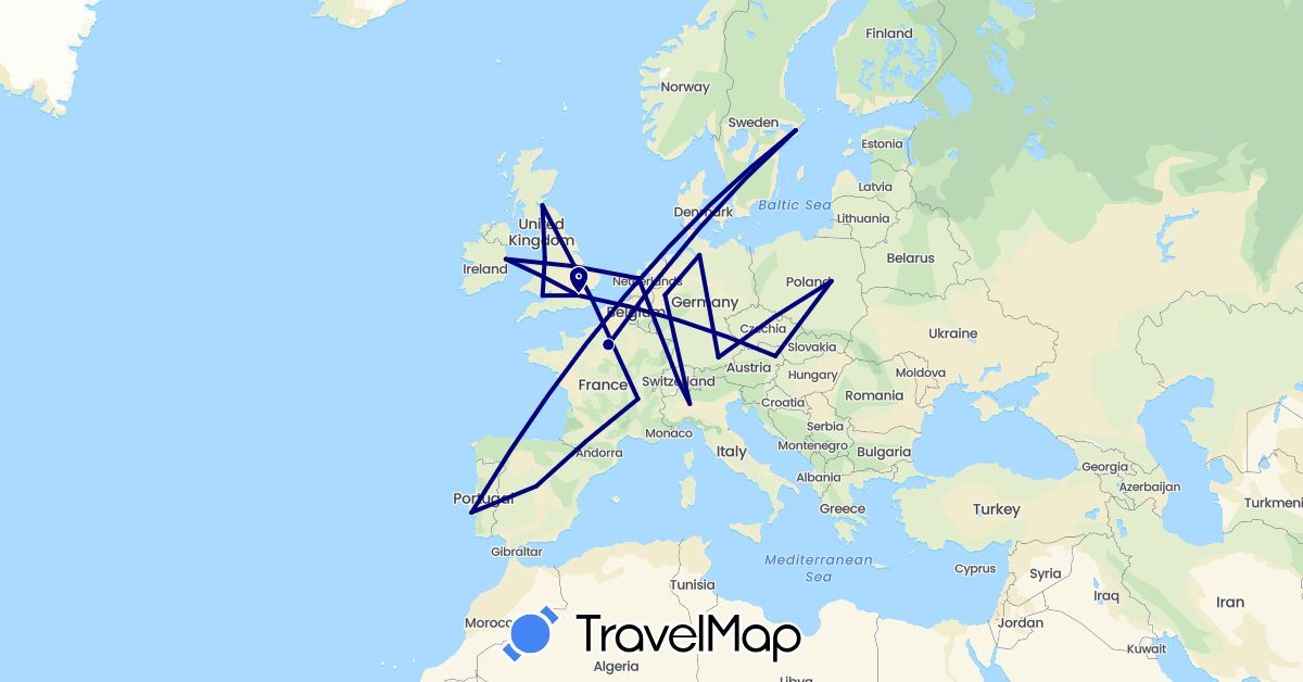TravelMap itinerary: driving in Austria, Switzerland, Germany, Spain, France, United Kingdom, Ireland, Italy, Netherlands, Poland, Portugal, Sweden (Europe)
